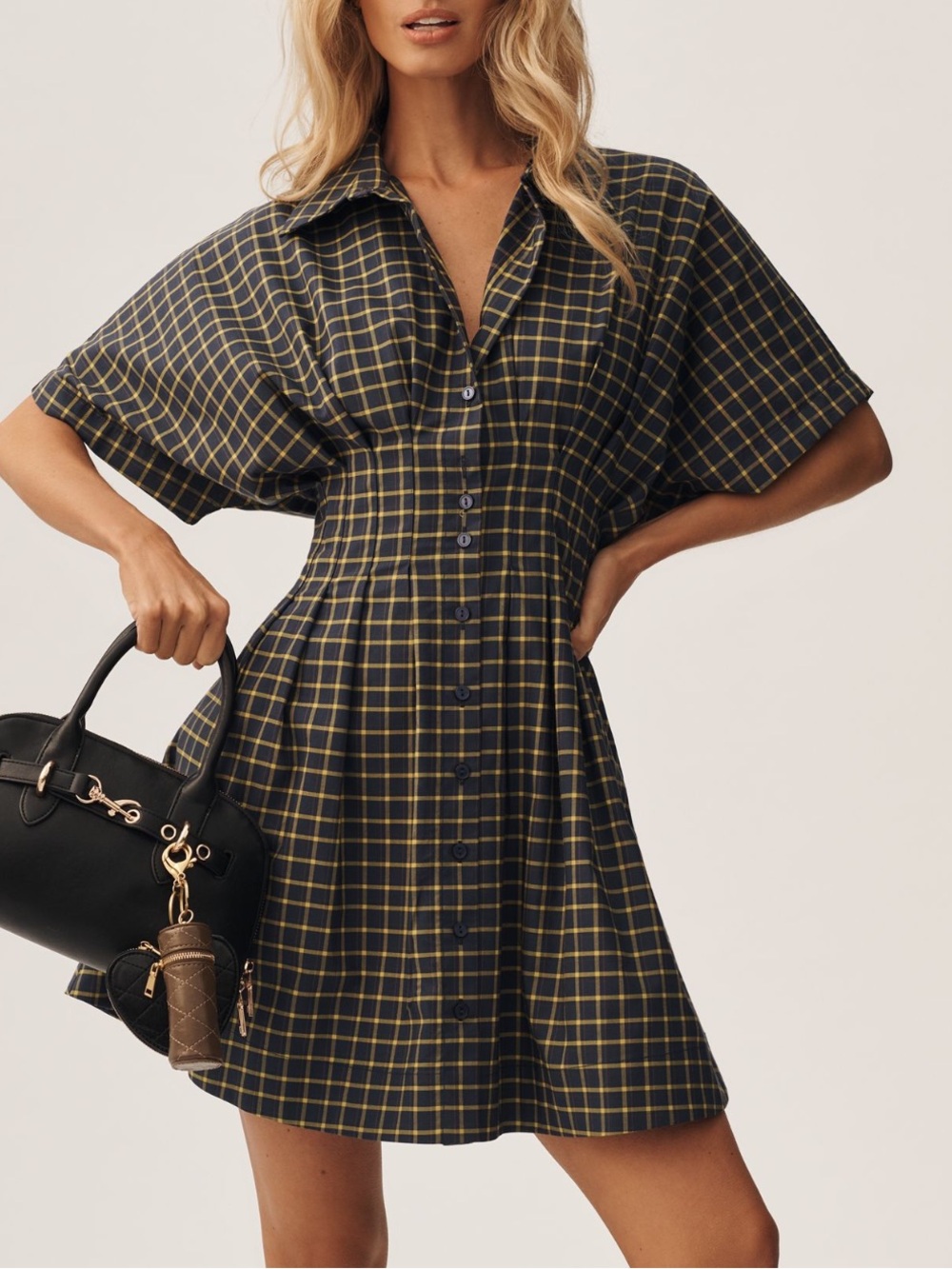 Exquise Tobie Short-Sleeve Pleated Mini Shirt Dress Navy Plaid Anthropologie - Picture 2 of 13